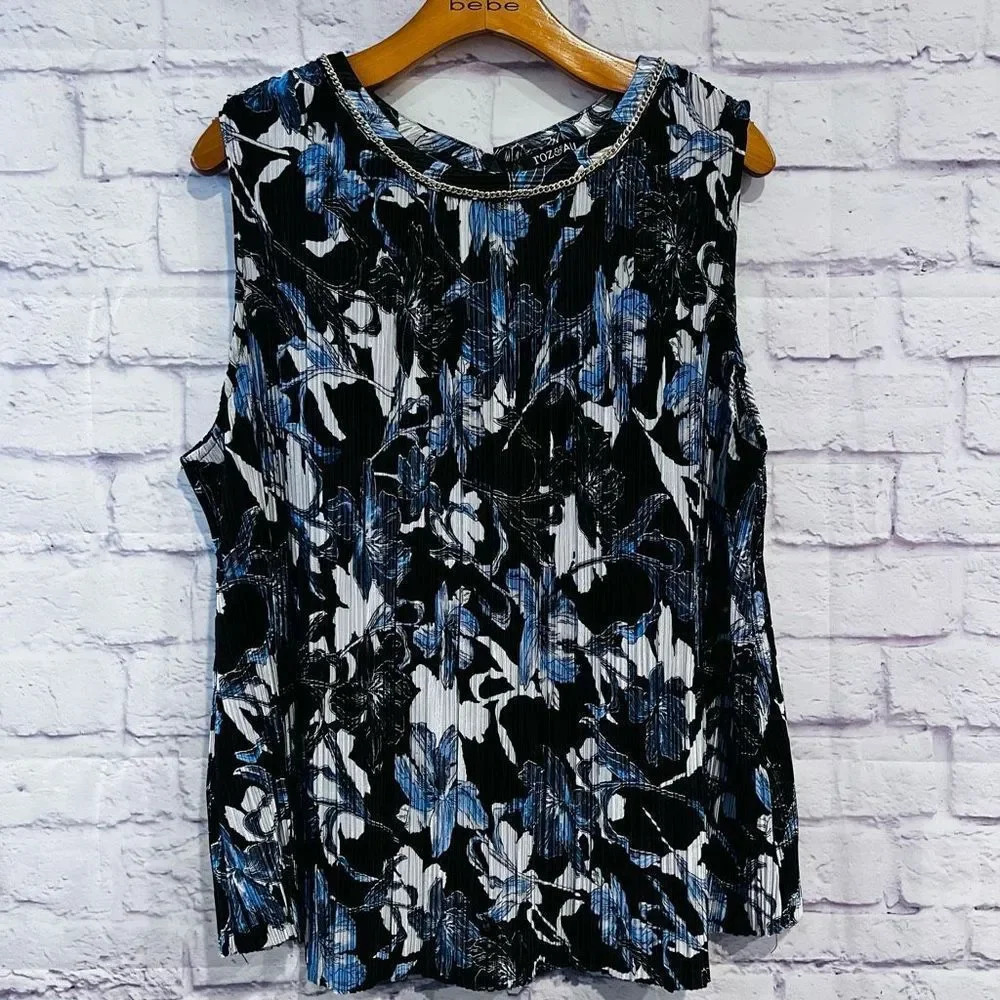 Roz & Ali Womens Blouse Top Plus Size 1X Blue‎ Floral Sleeveless Chain Neckline